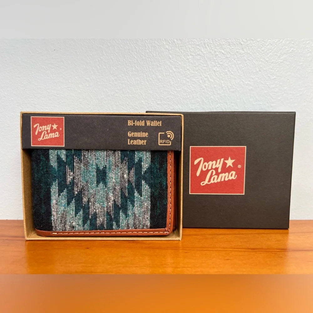 TONY LAMA NIB NWT Rodeo Aztec Bi Fold Mens RFID Genuine Leather & Fabric Wallet